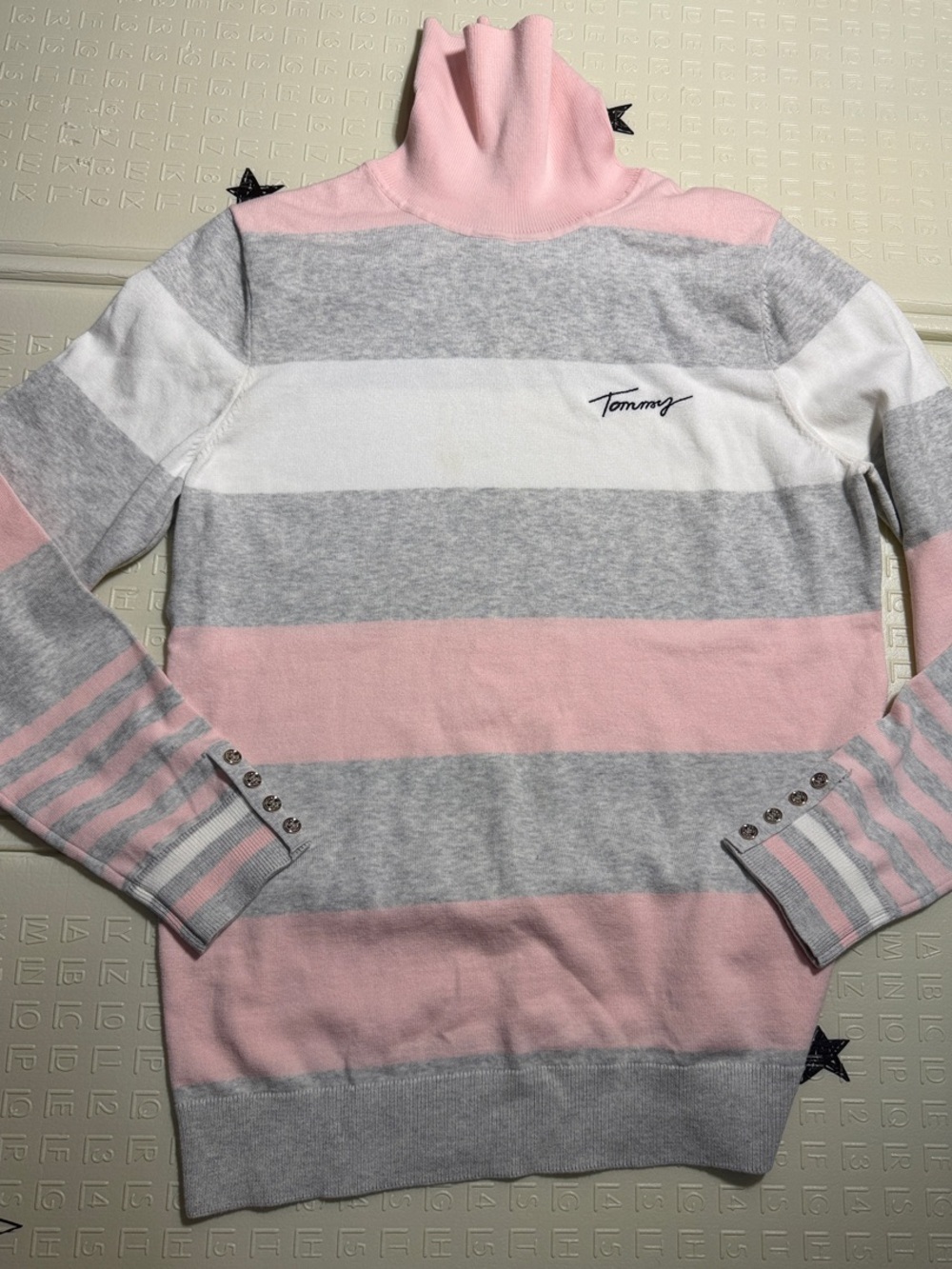 Tommy Hilfiger Pink, Gray & White Striped Turtleneck Sweater